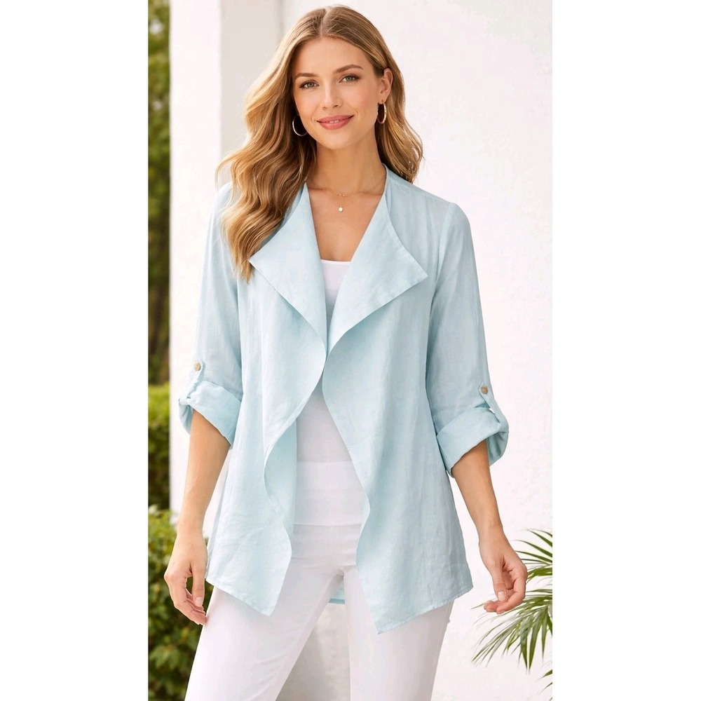 Preston & York Womens Linen Jacket Top Teal 3/4 Sleeve Open Front Size 6 NWT$119